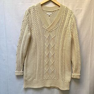 LL Bean Signature Sweater Chunky Cable Knit Cream Mustard V Neck Cotton M